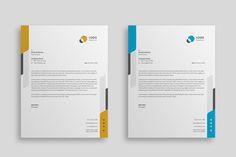 two letterheads with blue and yellow accents on the front, one has a white envelope