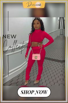 Solid Turtleneck Crop Top Skinny Pleated Pants Set Pink Sets For Night Out In Fall, Pink Set For Night Out In Fall, Turtleneck Crop Top, Ruched Pants, Turtle Neck Crop Top, Red Turtleneck, Pleated Pants, 2 Piece Set, 1 Million