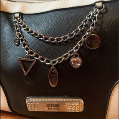 This Authentic Beautiful Guess Hand Bag Is In Great Condition Still Has Extra Jewels Attached Only 1 Flaw , In Upper Right Of Purse ( Received As , Barely Visible ) Rare - Discontinued White And Gold Shoes, Reebok Princess, Bags Guess, Guess Purses, Guess Handbags, Guess Bags, Gold Shoes, Black Shoulder Bag, Mini Handbags