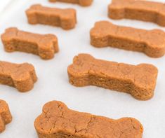 dog treats are lined up on a baking sheet