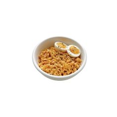 a white bowl filled with macaroni and cheese next to an hard boiled egg