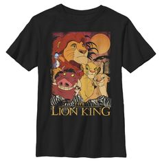 Hakuna Matata "ain't no passing craze," and neither is this officially licensed Disney The Lion King Retro Distressed Friends Tee! This distressed Boys' design features Mufasa, Zazu, Simba, Nala, Timon, Pumbaa, and zebras running across the bottom.?Have no worries for the rest of your days, and rock your Lion King pride with this graphic tee! Size: medium. Color: black. Gender: male. Age Group: kids. Pattern: Fictitious Character. Material: Cotton.