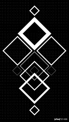 an abstract black and white design with squares, rectangles and lines on a dark background