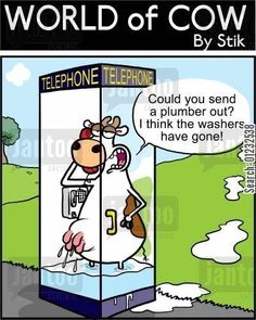 the cartoon cow is talking to his friend in the phone booth that says, world of cow