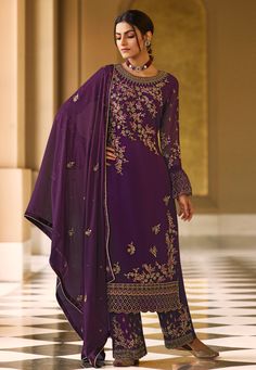 Buy Indian Party wedding wear salwar Purple georgette palazzo suit 526 online in USA, UK and Canada from KollyBollyEthnics.com Purple Colour Suit, Plazo Suit Design, Anarkali Lehenga Gowns, Purple Dupatta, Dupatta Dress, Wedding Pants, Eid Dress, Suit Pakistani, Anarkali Lehenga