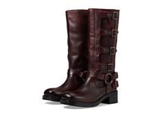 Steve Madden Brocks - Women's Boots : Burgundy Leather : Accentuate an ultra-modern style as you step out wearing the chic Steve Madden Brocks Boot. Leather upper. Textile lining. Synthetic footbed. Rounded square toe. Buckle detailing on the shaft. Pull-on style. Block heel. Synthetic midsole and outsole. Imported. Measurements: Heel Height: 2 in Circumference: 13 1 2 in Shaft: 12 in Platform Height: 1 2 in Product measurements were taken using size 5.5, width M. Please note that measurements m Casual Square Toe Moto Boots For Fall, Casual Moto Boots With Square Toe For Fall, Chic Moto Boots With Square Toe And Medium Width, Chic Square Toe Moto Boots Medium Width, Chic Moto Boots With Reinforced Heel And Square Toe, Spring Leather Moto Boots With Square Toe, Leather Moto Boots With Square Toe For Spring, Casual Moto Boots With Square Toe, Trendy Leather Moto Boots