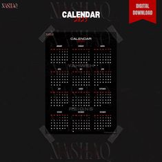 a black calendar with red numbers on the front and back cover is shown in this image