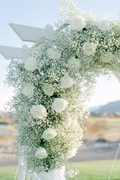 white flowers and baby's breath are arranged on an arch