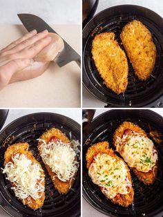 four pictures showing how to cook chicken parmesan