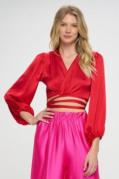 Made in USA Silky Satin Wrap Crop Top with Tie. Fabric content: 97% Polyester, 3% Spandex. Style: casual, formal Print / Pattern: solid Silhouette: crop top, tie waist Fit: regular Neck Line: v-line Sleeve: longsleeve Length: crop, cropped Closure: tie closure Lining: no Made In: Made in U.S.AFabric Contents: 97% Polyester, 3% SpandexSize Measurement (inch): S: 18.0 (Bust), 14.5 (Waist), 18.0 (Hips), 15.0 (Length) M: 19.0 (Bust), 15.5 (Waist), 19.0 (Hips), 15.5 (Length) L: 20.0 (Bust), 16.5 (Wai V Line, Maxi Dresses Fall, Distressed Denim Skirt, Wrap Crop Tops, Tie Shop, Shop Name, Denim Trends, Colored Denim, Chic Boutique