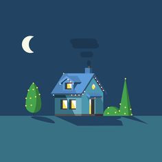 a house is lit up at night with the moon in the sky and trees around it