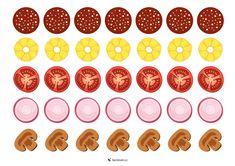 an assortment of different types of donuts and other food items on a white background