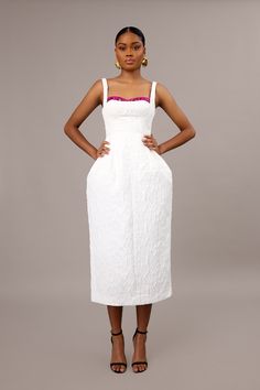 SLEEVELESS LAMPSHADE DRESS WITH EMBROIDERED BRALETTE Material: Polyester/ Nylon/ Spandex Care: Dry clean for best results Model is wearing UK10 Christie Brown, African Luxury, Classy Wardrobe, Tops And Skirts, Red Carpet Ready, Textured Dress, White Midi, African Dresses, Mini Shirt Dress