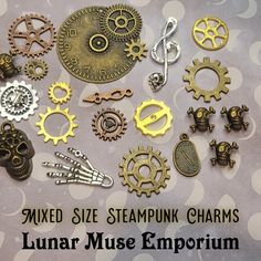 Random assortment of 20 metal embellishments in steampunk style. These pieces are constructed of metal and feature delicate details.  These pieces range in size and color; you will receive a random assortment. (I do my best to eliminate duplicates; if you would like multiples of a certain style, please send me a message.)  These charms can be used on jewelry, cards, scrapbook pages, tags, journals, art journals, and other mixed media and paper crafting projects. Steampunk Soldered Brass Jewelry, Steampunk Metal Jewelry With Vintage Charm, Steampunk Metal Necklaces With Antique Finish, Steampunk Necklace With Vintage Charm For Gift, Nickel-free Brass Steampunk Jewelry, Delicate Details, Mixed Metals, Steampunk Fashion, Paper Craft Projects