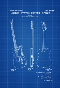 the blueprinted drawing shows two guitars and an electric guitar