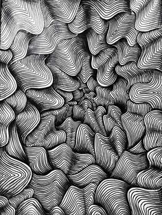 an abstract black and white drawing with wavy lines