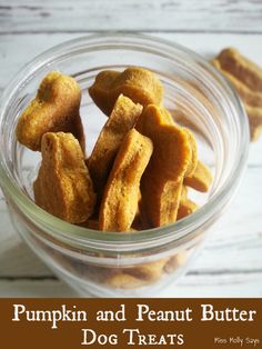 pumpkin and peanut butter dog treats in a glass bowl