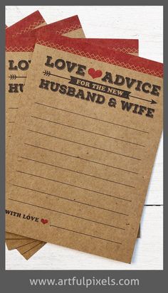 three love advice cards on top of each other with the words, i love advice for husband and wife