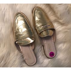 Brand New With Tags. 1” Heel. Gold Mules For Spring Workwear, Gold Slip-on Mules For Work, Gold Flat Mules For Spring, Casual Gold Slip-on Mules, Casual Gold Closed Toe Mules, Gold Slip-on Mules For Spring, Classic Gold Mules For Spring, Trendy Gold Flat Loafers, Gold Leather Mules For Spring