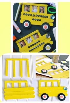 a collage of pictures with yellow school bus frames and wheels on the side, along with other crafts made from popsicle sticks