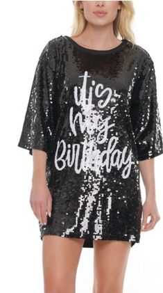 Birthday Sequin Dress, Sequin Tshirt Dress, Birthday Cursive, Sequin T Shirt Dress, Sequin Tshirt, It's My Birthday, Cursive Writing, Black Sequin Dress, Star Dress