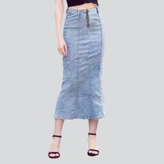 Light blue long fashion skirt online. Cool denim skirt from the 2022 Summer collection. The fashionable outfit helps to look stylish and draws the attention of others. Light blue is a popular, versatile color that is an excellent alternative to darker shades. Bleached pattern denim is the hottest trend for this season. A trumpet fit type is a modification of a classic pencil skirt with a peplum hem. High-waisted rise is naturally an excellent fit for those with an hourglass shape, as they accent Womens Denim Skirts, White Jeans Men, Yellow Denim, Hourglass Shape, Maxi Styles, Peplum Hem, Skirts Online, Light Blue Color, Jean Skirt