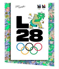 an olympic poster with the number 28 on it and cartoon characters all over it,