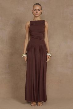 NALLA MAXI DRESS - BROWN Mother Of The Bride Dresses Brown, Chocolate Brown Formal Dress, Brown Maxi Dress Outfit, Brown Bridesmaids Dresses, Brown Wedding Guest Dress, Brown Bridesmaid Dress, Brown Formal Dress, Party Palette, Brown Dresses Formal