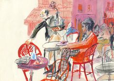 a drawing of people sitting at tables in an outdoor cafe, with one person holding a tray