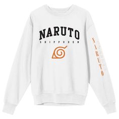 Immerse yourself in the world of Naruto Shippuden with this men's white crew neck long sleeve sweatshirt. The iconic Konoha symbol is beautifully displayed beneath collegiate text spelling out "Naruto Shippuden." Vibrant orange letters adorn the left sleeve, adding a stylish touch. Crafted from a blend of cotton and polyester, this sweatshirt offers both comfort and durability, making it a must-have for fans. White Long Sleeve Fan Apparel Sweatshirt, White Crew Hoodie With Logo Print, White Fan Apparel Sweatshirt With Ribbed Cuffs, White Sweatshirt With Ribbed Cuffs For Fans, White Long Sleeve Sweatshirt With Front Print, White Crew Neck Hoodie With Logo Print, White Crew Neck Hoodie With Letter Print, White Fan Apparel Sweatshirt For Streetwear, White Streetwear Fan Apparel Sweatshirt