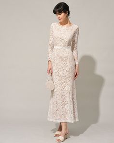 The White Lace Long Sleeve Backless Mermaid Maxi Dress - Women's V Neck Long Sleeve Backless Dress - White - Dresses | RIHOAS Cotton Lace Dress, White Lace Long Sleeve, Long Sleeve Floral Maxi Dress, Long Sleeve Backless Dress, Lace Dress Classy, Backless Maxi Dress, High Waist Dress, Engagement Dresses, Lace Long Sleeve