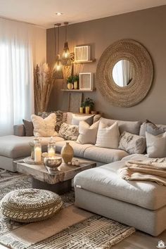 a living room filled with lots of furniture next to a large mirror on the wall