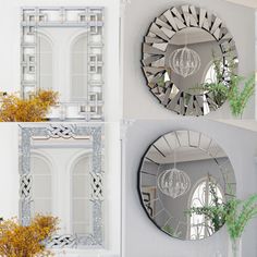 four different mirrors and vases with flowers in them