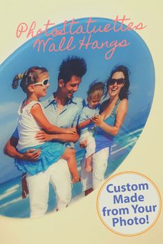 an advertisement with a family holding each other in front of the camera and texting that reads, photographer mall hungs custom made from your photo