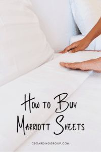 a woman laying in bed with her feet on the pillow and text overlay how to buy marriot sheets