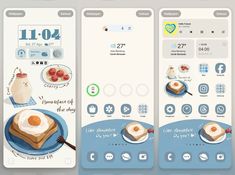 three app screens with food items on them, one showing eggs and the other showing desserts