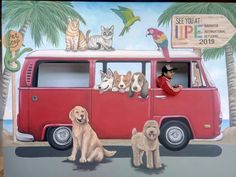 a painting of dogs and cats sitting in front of a van with a sign on it