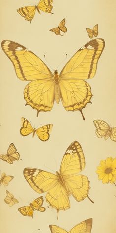 several yellow butterflies flying in the air with their wings spread out and facing different directions