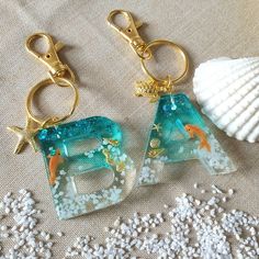 two pieces of glass sitting on top of a table next to a sea shell and starfish