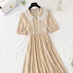 Fabric: Chiffon Size: S M L XL Color: yellow, blue, purple, pink, khaki, apricot Yellow Blue, Blue Purple, Apricot, Floral Dress, Short Sleeve Dresses, Summer Outfits, Chiffon, Purple, Yellow