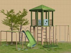 a playground with a slide and climbing frame