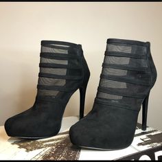 Sexy Suede Black Aldo Platform Heels W/Zipper On Back. See-Through Netting Lined Design Goes Up To Ankle. Statement Piece. Worn Once, Slight Marking On Suede And 1 Small Mark (White) On Netting (Shown In Picture). Besides These Markings, They Look Brand New. Size: 8 Heel: 5in Platform: 1in Black Boots With Zipper Closure For Party, Chic Heels With Zipper Closure For Night Out, Party Heels With Zipper Closure, Party High Heels With Zipper Closure, Edgy Boots With Zipper Closure For Party, Edgy Party Boots With Zipper Closure, Edgy Party Heels With Zipper Closure, Black Party Boots With Zipper Closure, Edgy High Heels With Zipper Closure