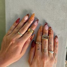 Inspo Nails 2024 Autumn, Deep Autumn Nails, Fall Funky Nails, Cherry Short Nails, Nails Earthy, Cherry Nails, Nail Colour, Shellac Nails, Fall Nail Colors