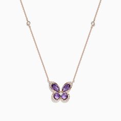 Effy Nature 14K Rose Gold Amethyst and Diamond Butterfly Necklace, 1.27 TCW Diamond Butterfly Necklace, Rose Stone, Diamond Butterfly, Butterfly Necklace, Diamond Jewellery, Gold Rose, Diamond Jewelry, Round Diamonds, Beautiful Jewelry