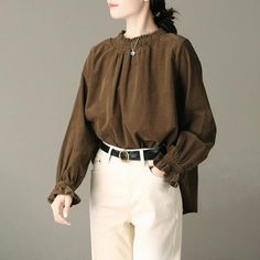 Comfortable, One of Kind. Blouses online shop,|Street|100% Cotton|Regular|Long Sleeve|High Collar|Pleated|Solid Color|Army Green|One Size|Spring/Fall|Hand Wash Chic Long Sleeve Peasant Top, Luxury Long Sleeve Peasant Top For Fall, Flax Clothing, Shop Street, Pleats Pattern, Blouse Cotton, Fall Blouse, Dark Coffee, Cotton Clothing