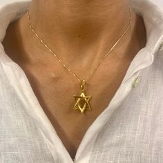 Star of David Necklace made of Gold Vermeil: 18k Gold over Solid 925 Sterling Silver ☞ made to last.Matching Ring & Matching Earrings ☞ please ask meDetails:• Gold Hebrew Necklace• Dimensions: Pendant Height 32mm, Width 20mm• Free Complimentary Chain• 18k Gold VermeilSKU P-1540 Gold Sterling Silver Star Of David Necklace, Star Of David Yellow Gold Jewelry Gift, 14k Gold Star Of David Jewelry, Hallmarked Star Of David Jewelry For Gift, Hallmarked 14k Gold Star Of David Jewelry, Spiritual Star-shaped Gold Jewelry, Spiritual Yellow Gold Star Jewelry, Star Of David Yellow Gold Plated Jewelry, 14k Gold Star Of David Jewelry Gift