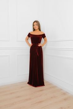 Dark Burgundy Open Shoulder Velvet Maxi Dress With Pockets | Etsy Floor-length Wedding Dresses With Sashes, Red Fitted Dress With Sashes, Fitted Red Dresses With Sashes, Off The Shoulder Dress Wedding, Long Dress Formal, Velvet Long Dress, Burgundy Velvet Dress, Velvet Dress Long, Maxi Dress With Pockets