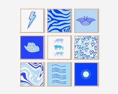 blue and white wall art with zebra, elephant, giraffe, lightning bolt