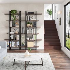 a living room filled with furniture and bookshelves next to a window covered in plants