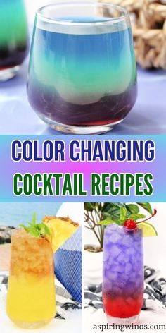 three different colored cocktails with text overlay that reads color changing cocktail recipes